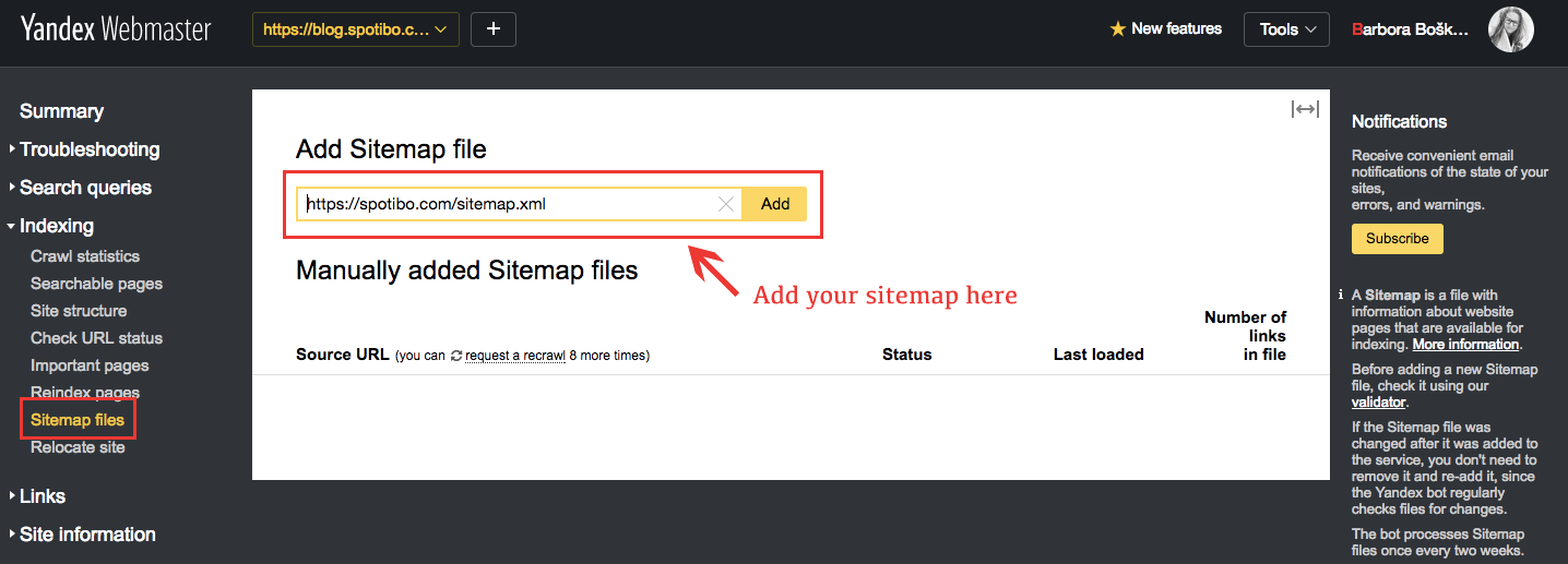 Add sitemap to Yandex Webmaster tools
