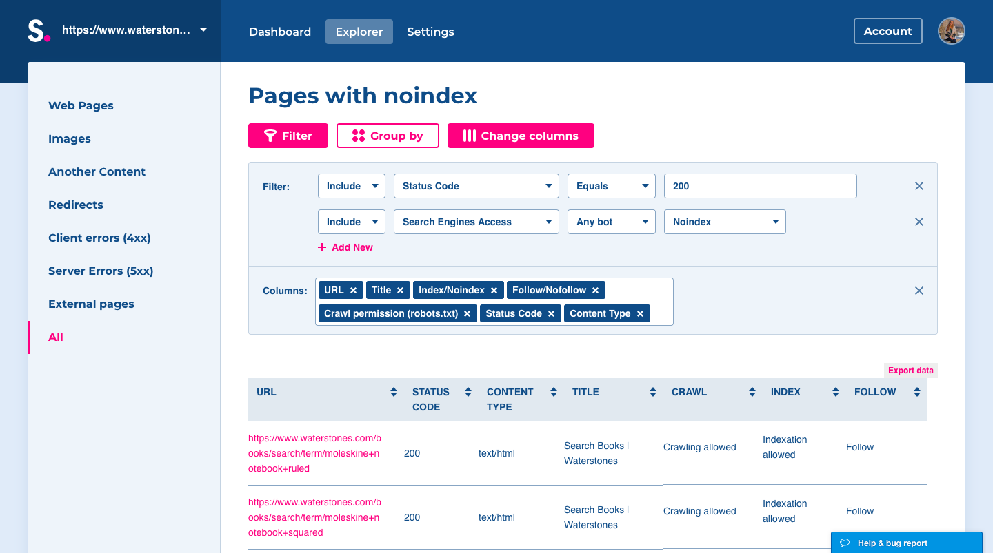 How to find pages with noindex attribute